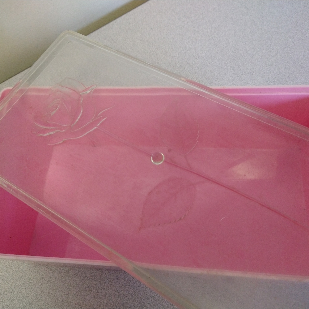 Fancy pink etched Rose vintage Bakelite shoe box 10.25x5.25x4.25"